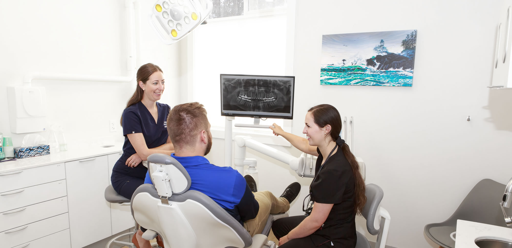 a group of people in a dental office